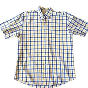 Cutter & Buck Mens L Plaid Button Down Shirt Yellow Blue Short Slv 100% Cotton